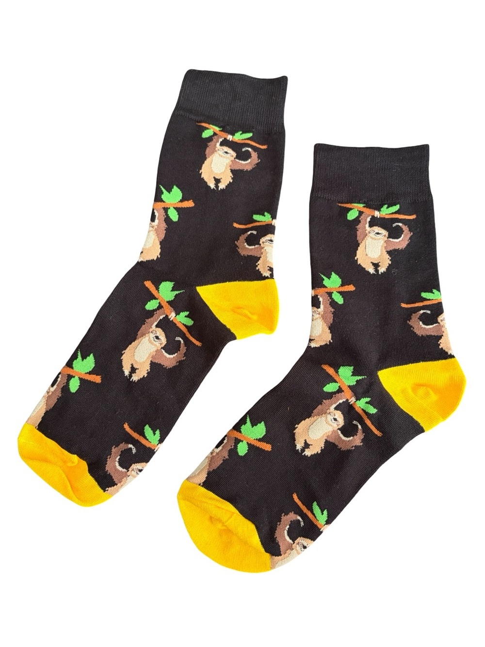 Sloth Novelty Crew Socks Black Yellow
